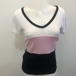 Bebe Tri-color V-Neck Tee Rhinestones Bling, White, Pink, Black, Size M